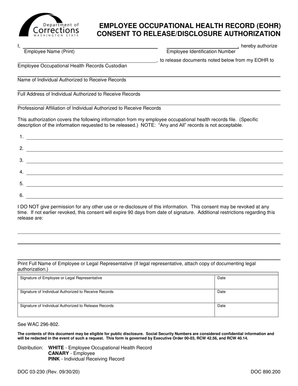 Form DOC03-230 Employee Occupational Health Record (Eohr) Consent to Release / Disclosure Authorization - Washington, Page 1