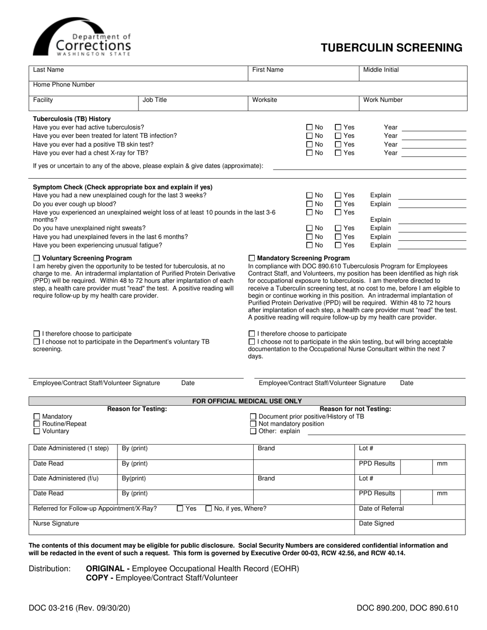 Form DOC03-216 Tuberculin Screening - Washington, Page 1