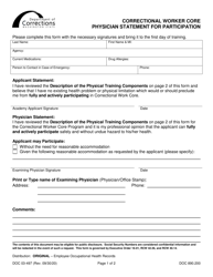 Document preview: Form DOC03-497 Correctional Worker Core Physician Statement for Participation - Washington
