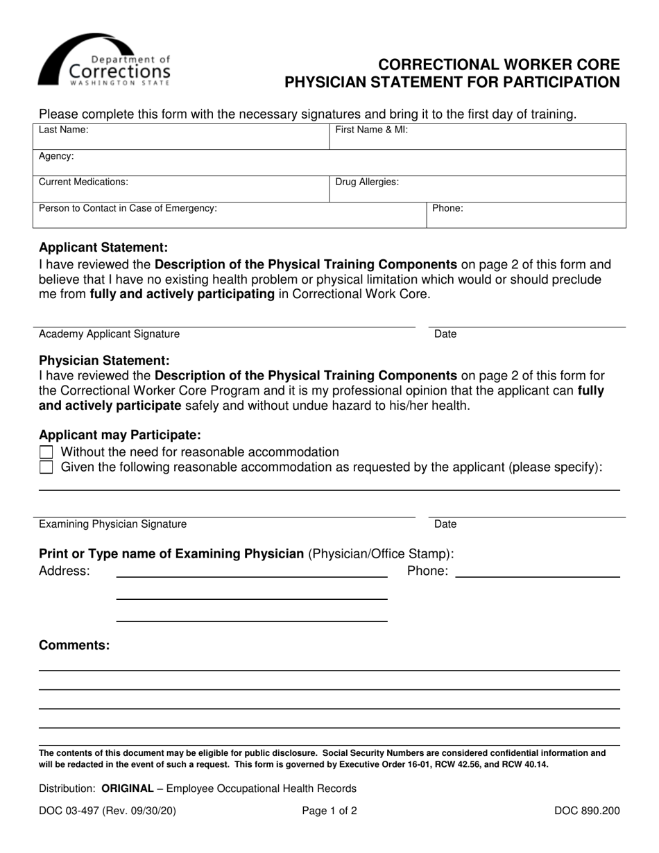 Form DOC03-497 Correctional Worker Core Physician Statement for Participation - Washington, Page 1