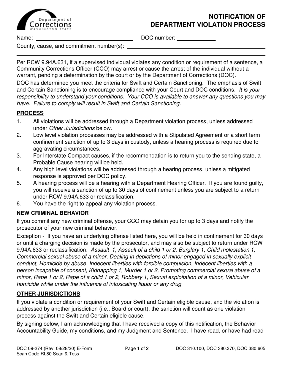 Form DOC09-274 Notification of Department Violation Process - Washington, Page 1