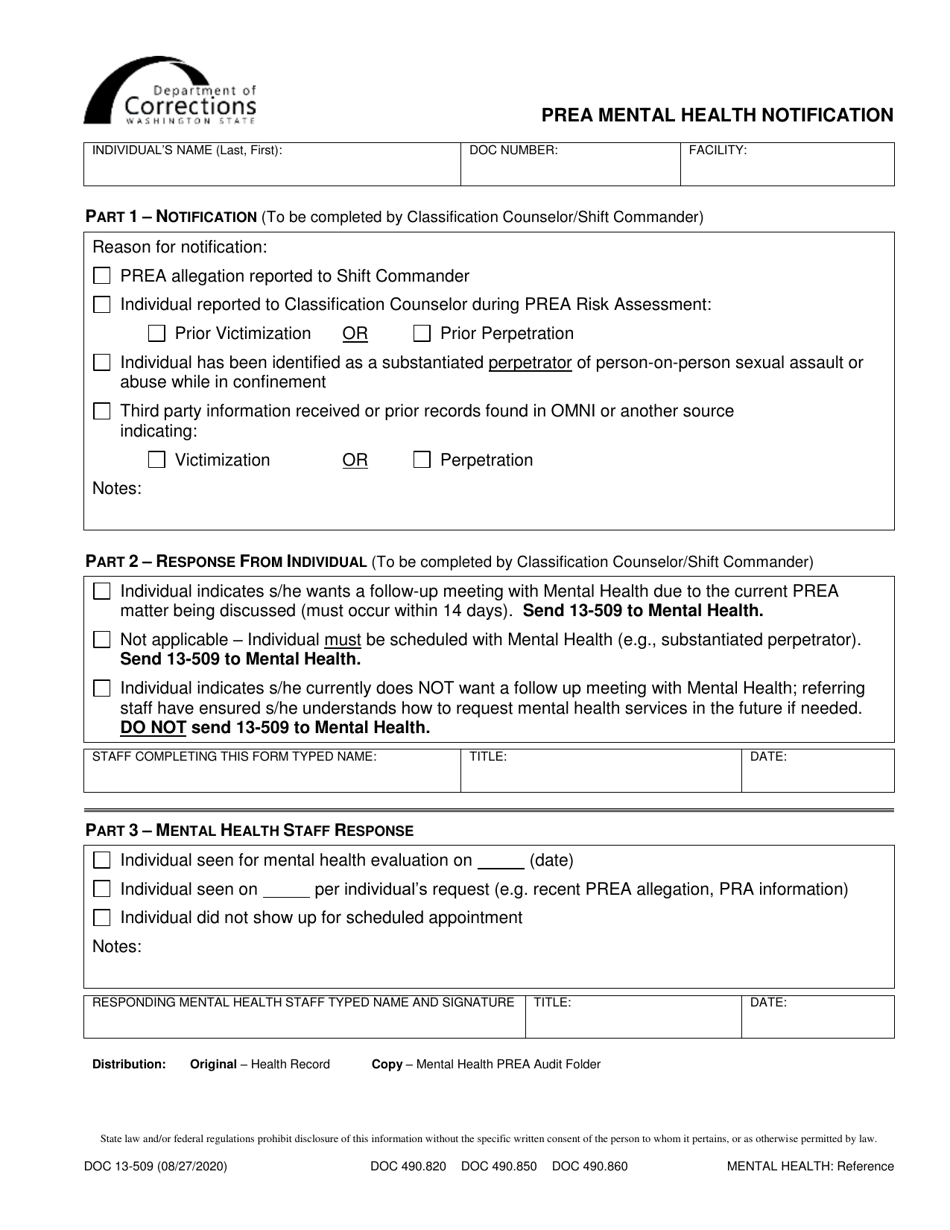 Form DOC13-509 Prea Mental Health Notification - Washington, Page 1