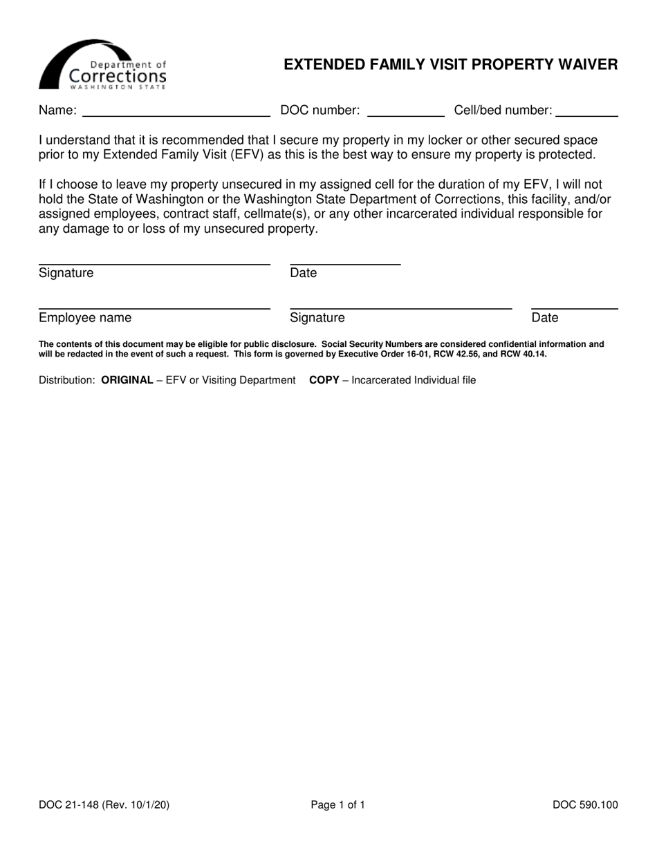 Form DOC21-148 Extended Family Visit Property Waiver - Washington, Page 1