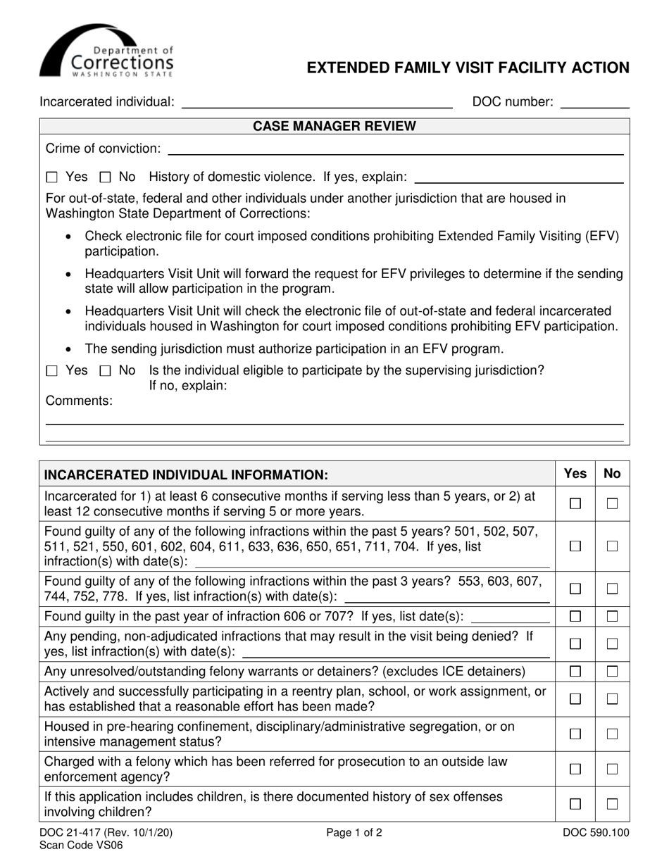 Form DOC21-417 Extended Family Visit Facility Action - Washington, Page 1