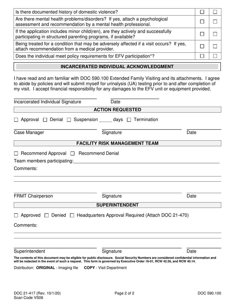 Form DOC21-417 Extended Family Visit Facility Action - Washington, Page 2