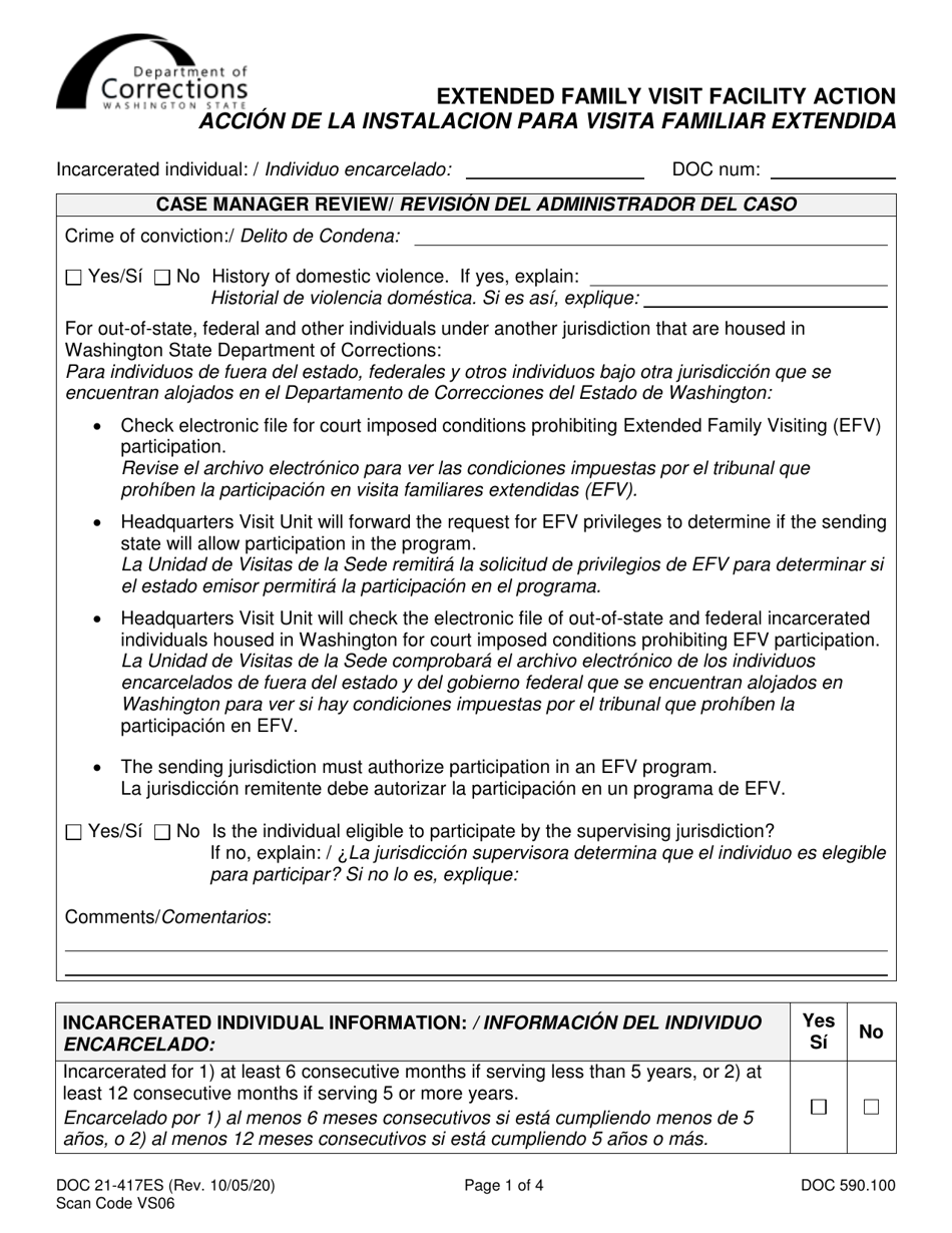 Form DOC21-417ES Extended Family Visit Facility Action - Washington (English / Spanish), Page 1