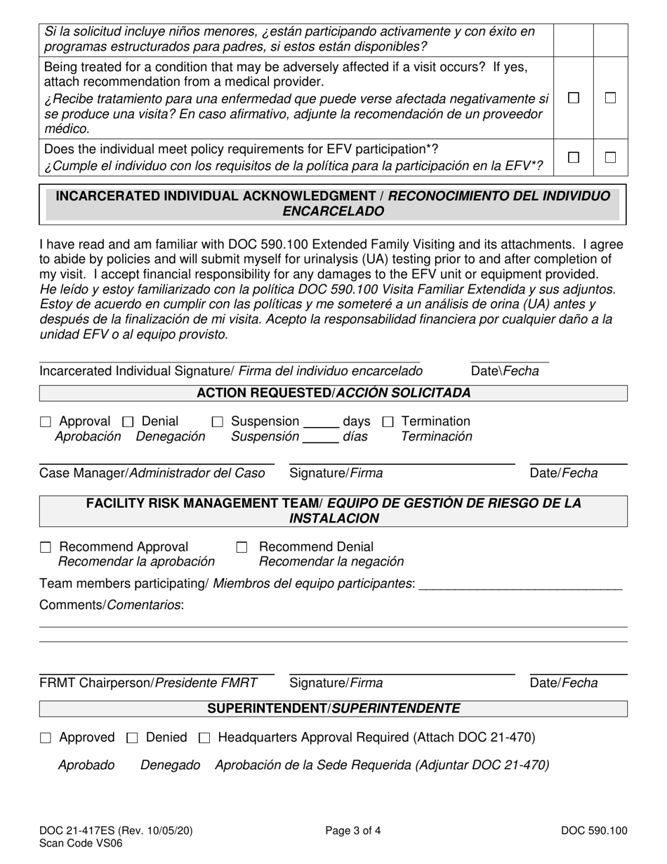 Form DOC21-417ES Extended Family Visit Facility Action - Washington (English / Spanish), Page 3