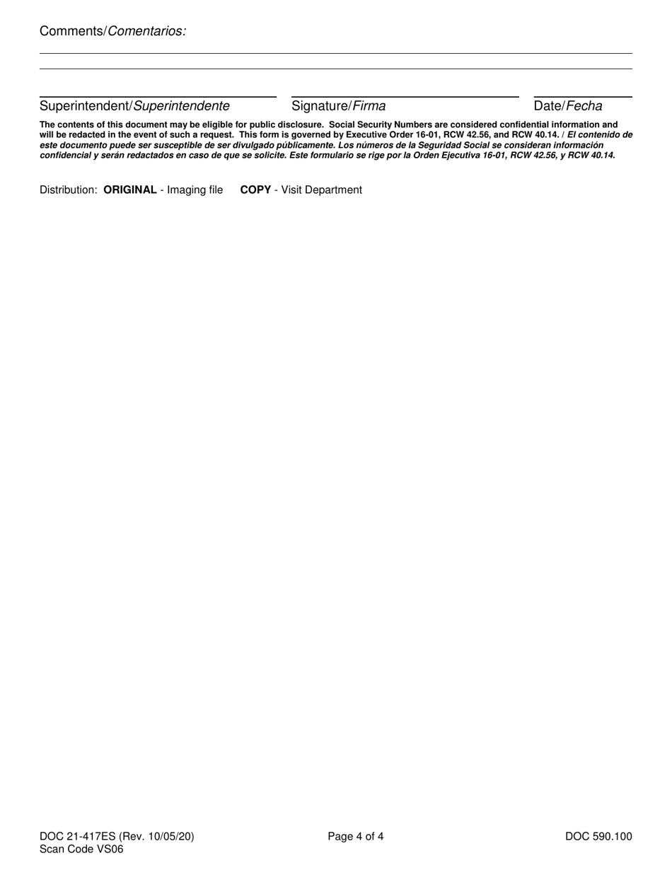 Form DOC21-417ES Extended Family Visit Facility Action - Washington (English / Spanish), Page 4
