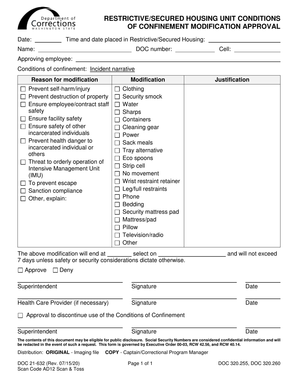 Form DOC21-632 Restrictive / Secured Housing Unit Conditions of Confinement Modification Approval - Washington, Page 1