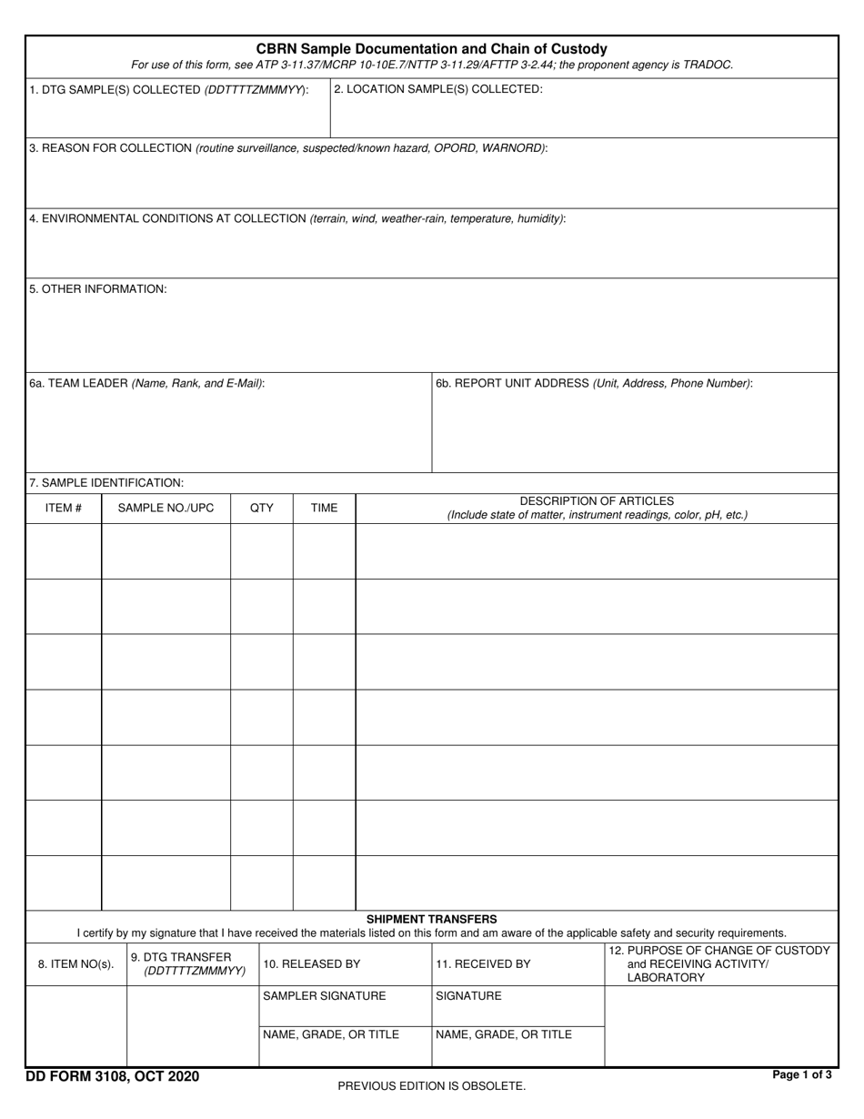 DD Form 3108 Cbrn Sample Documentation and Chain of Custody, Page 1