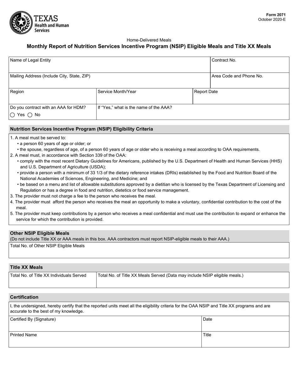 Form 2071 Monthly Report of Nutrition Services Incentive Program (Nsip) Eligible Meals and Title Xx Meals - Texas, Page 1