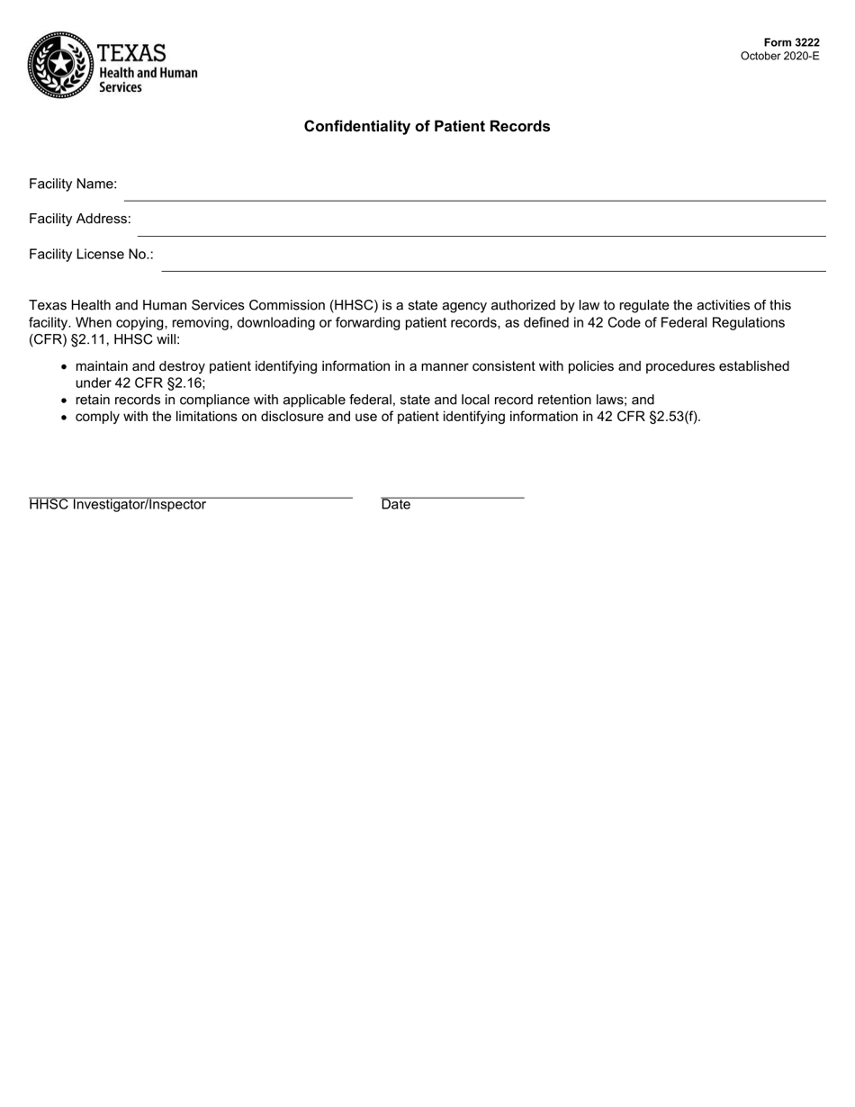 Form 3222 Confidentiality of Patient Records - Texas, Page 1