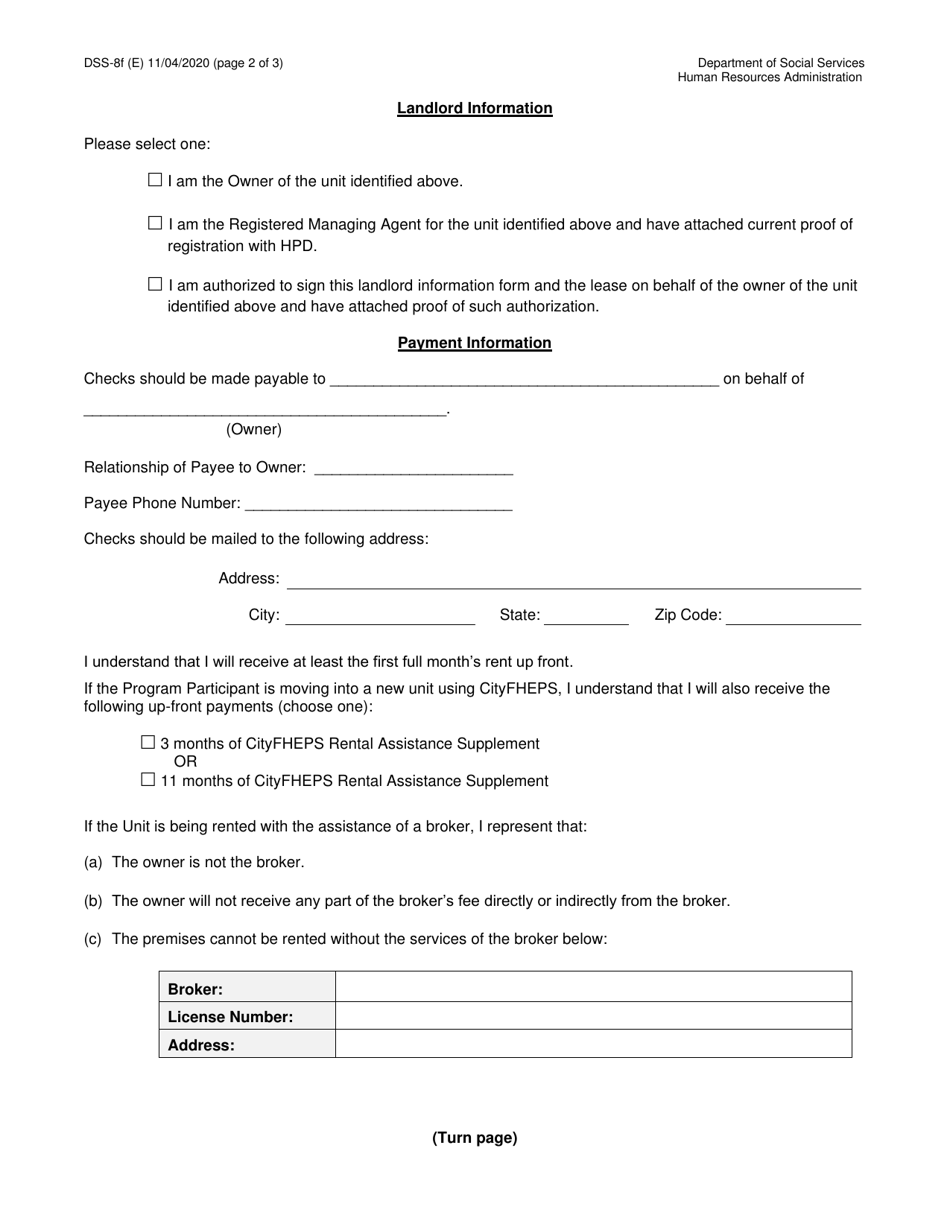 Form DSS-8F Cityfheps Landlord Information Form - Apartment Rentals - New York City, Page 2