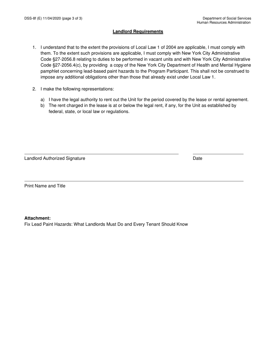 Form DSS-8F Cityfheps Landlord Information Form - Apartment Rentals - New York City, Page 3