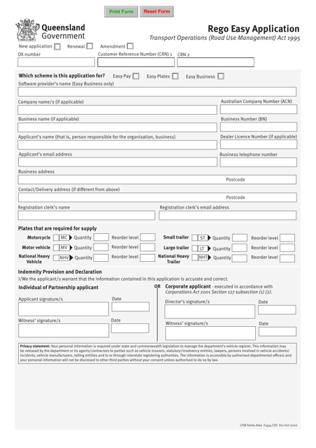 Form F1454 Rego Easy Application - Queensland, Australia