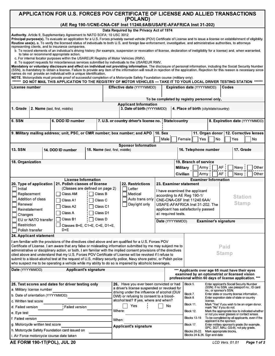 AE Form 190-1T(POL) Application for U.S. Forces Pov Certificate of License and Allied Transactions (Poland), Page 1
