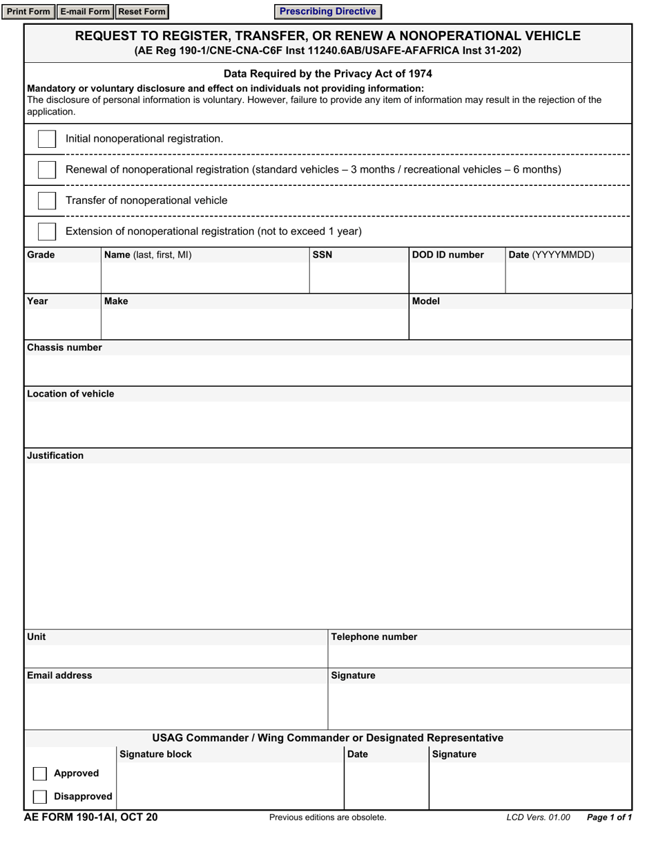 AE Form 190-1AI Request to Register, Transfer, or Renew a Nonoperational Vehicle, Page 1