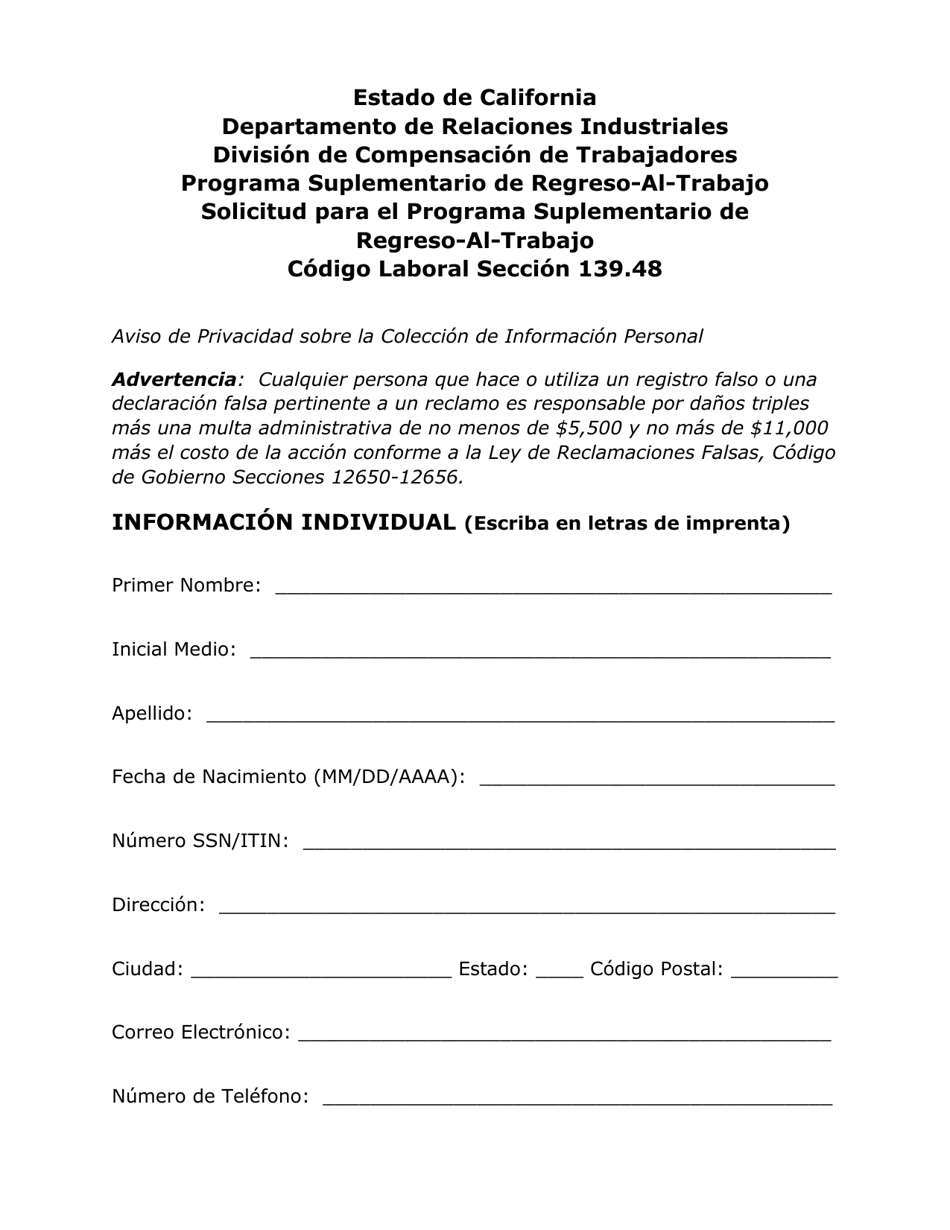 Solicitud Para El Programa Suplementario De Regreso-Al-Trabajo - California (Spanish), Page 2