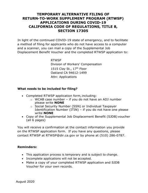 Application for Return-To-Work Supplement Program - California Download Pdf