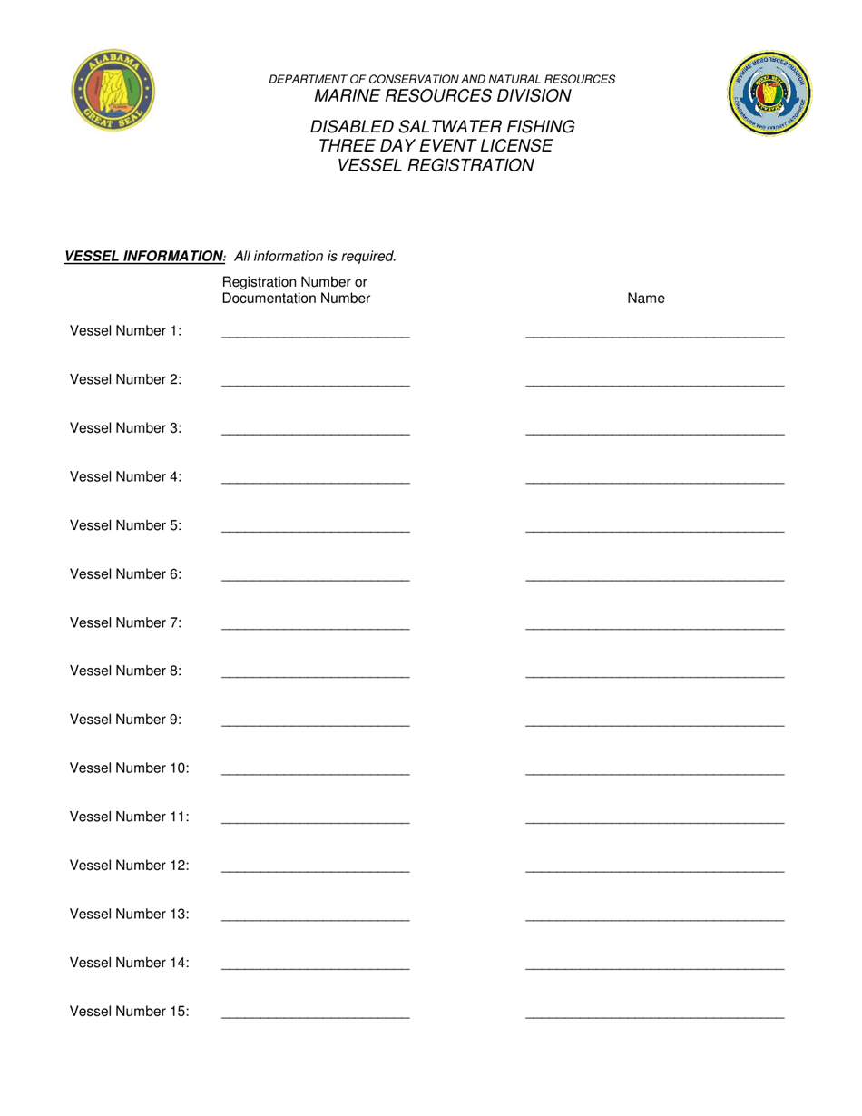 Disabled Saltwater Fishing Three-Day Event License - Vessel Registration - Alabama, Page 1