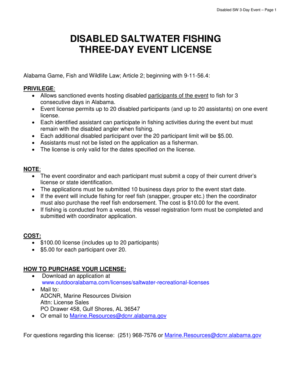 Disabled Saltwater Fishing Three Day Event License - Alabama, Page 1