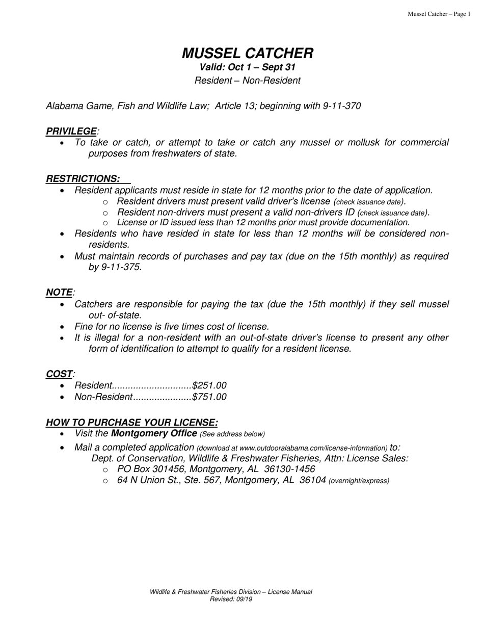 Mussel Catcher License - Alabama, Page 1