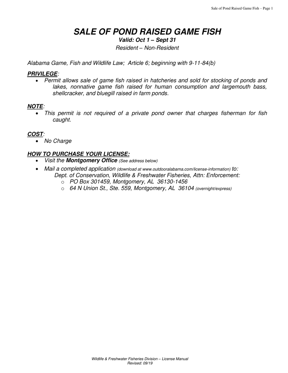 Alabama Sale of Pond Raised Game Fish Permit Fill Out, Sign Online