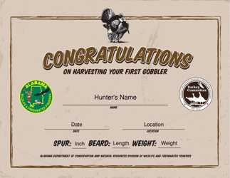Document preview: First Gobbler Certificate - Alabama