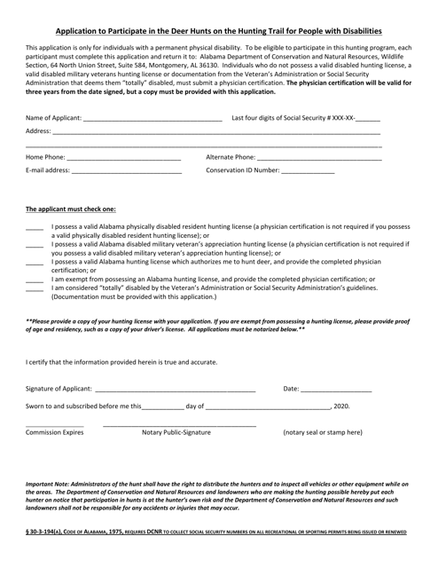 Application to Participate in the Deer Hunts on the Hunting Trail for People With Disabilities - Alabama Download Pdf