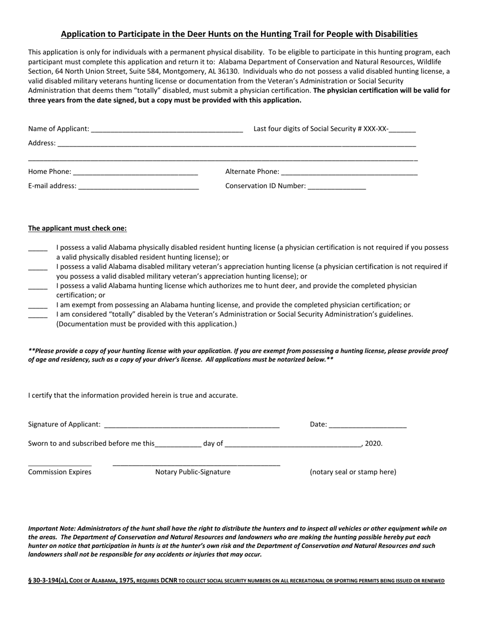 Application to Participate in the Deer Hunts on the Hunting Trail for People With Disabilities - Alabama, Page 1