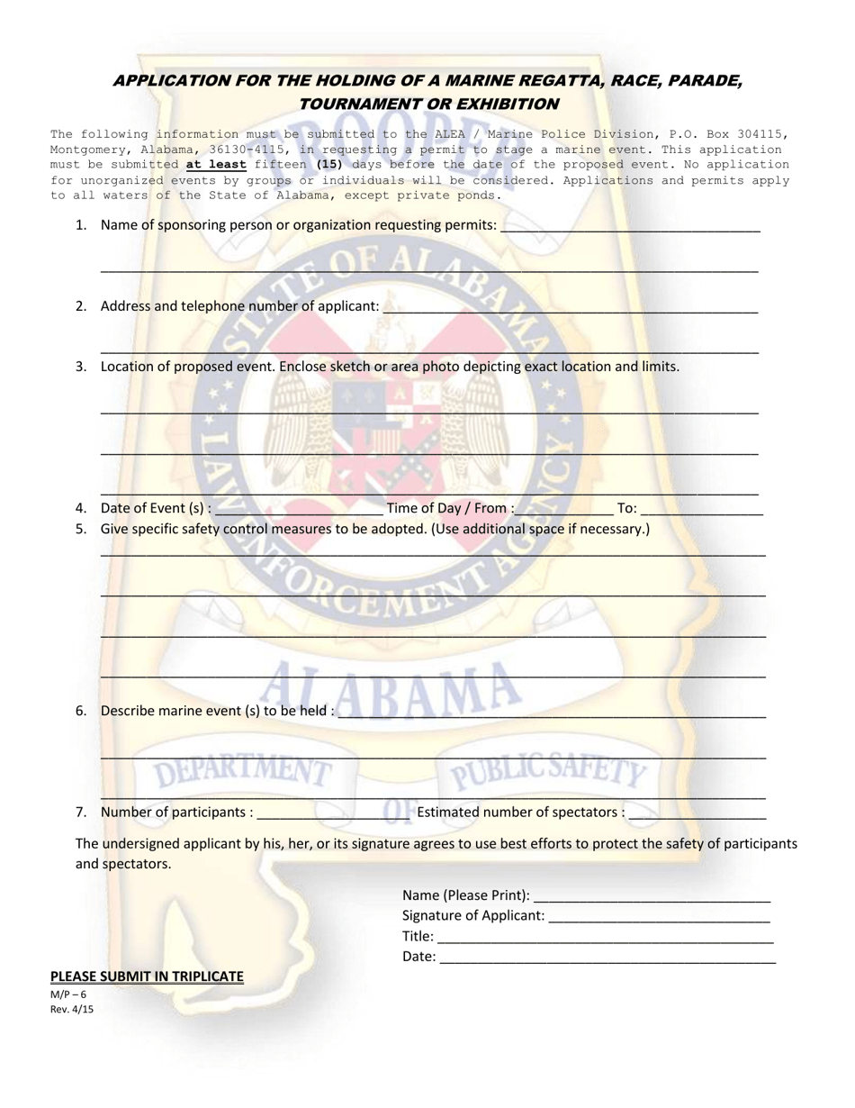 Form M / P-6 Application for the Holding of a Marine Regatta, Race, Parade, Tournament or Exhibition - Alabama, Page 1