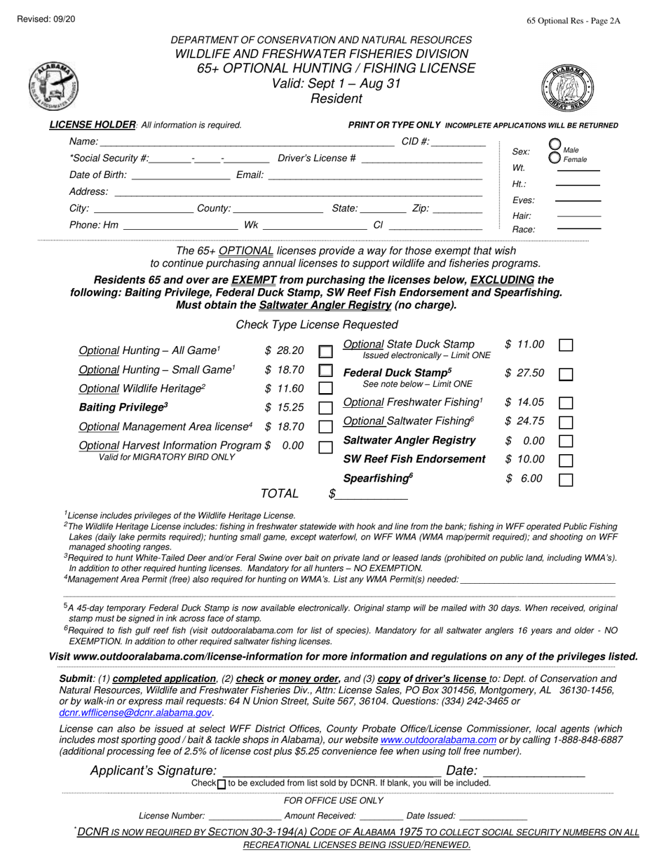 65+ Optional Hunting / Fishing License - Resident - Alabama, Page 2