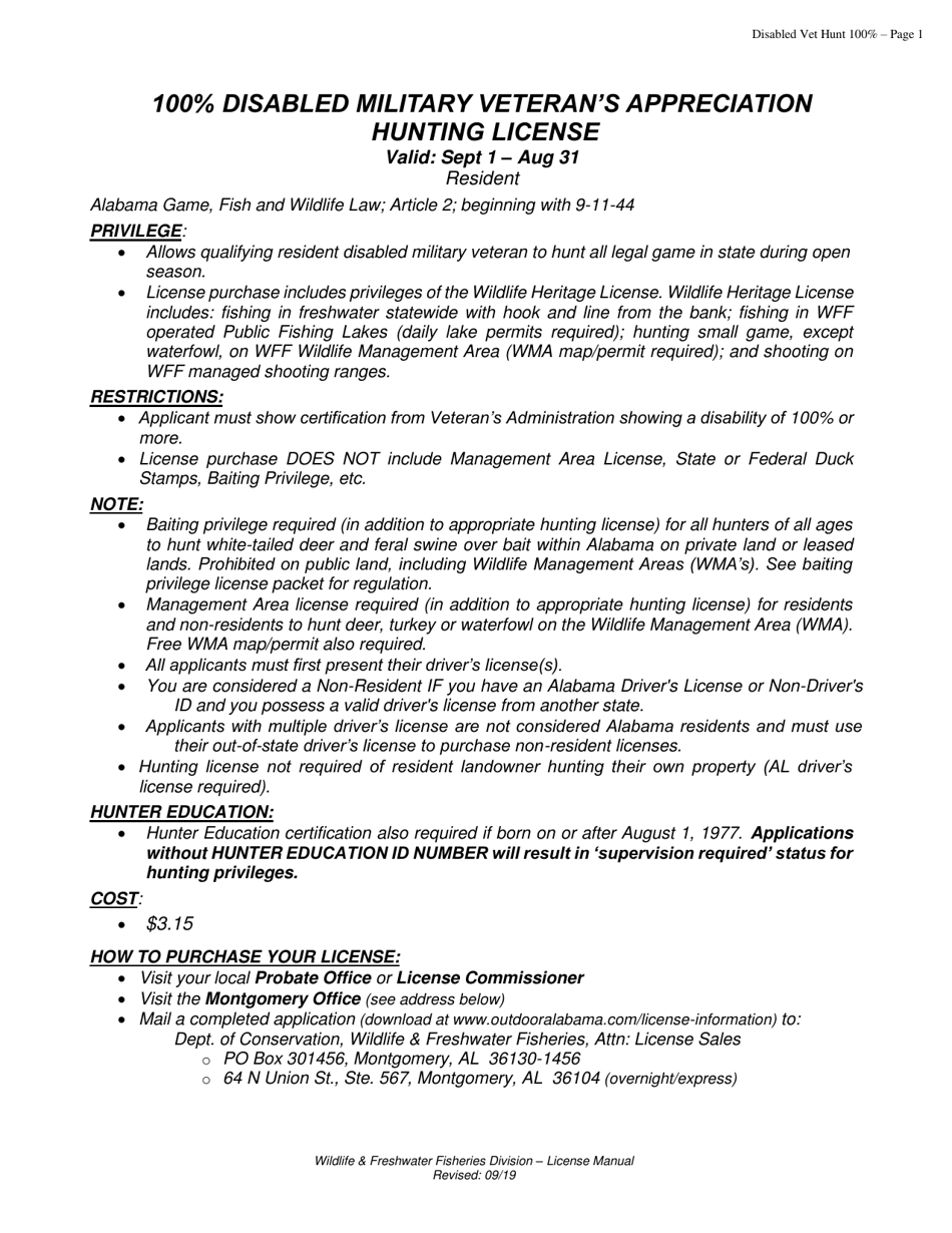 Alabama 100 Disabled Military Veterans Appreciation Hunting License