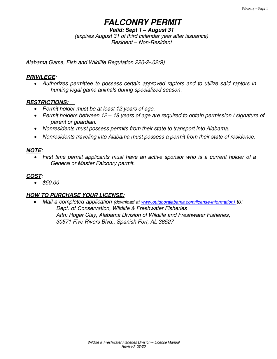 Alabama Falconry Permit Fill Out, Sign Online and Download PDF
