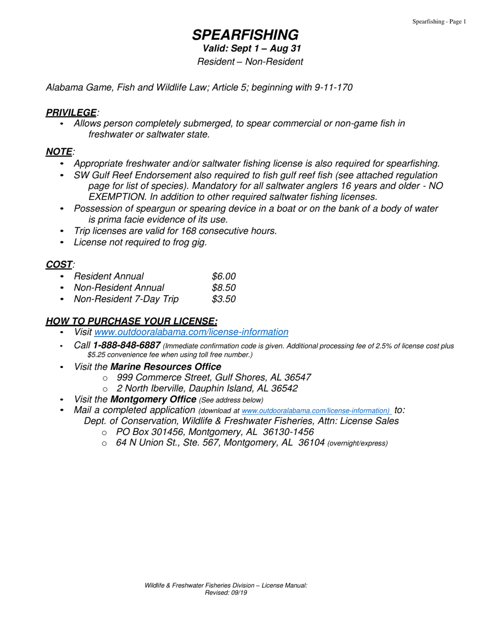 Alabama Spearfishing License Resident Download Fillable PDF