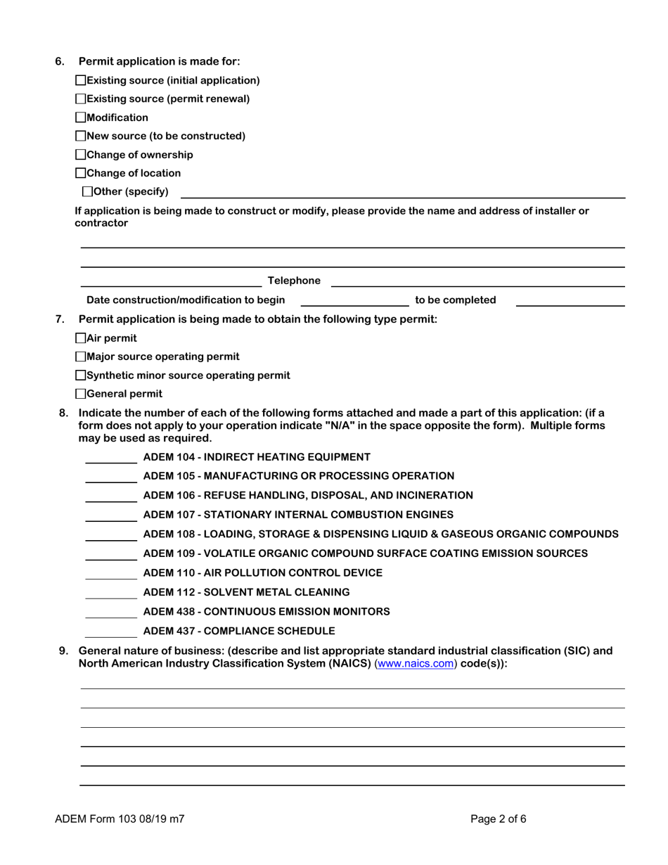 ADEM Form 103 Construction / Operating Permit Application Facility Identification Form - Alabama, Page 3