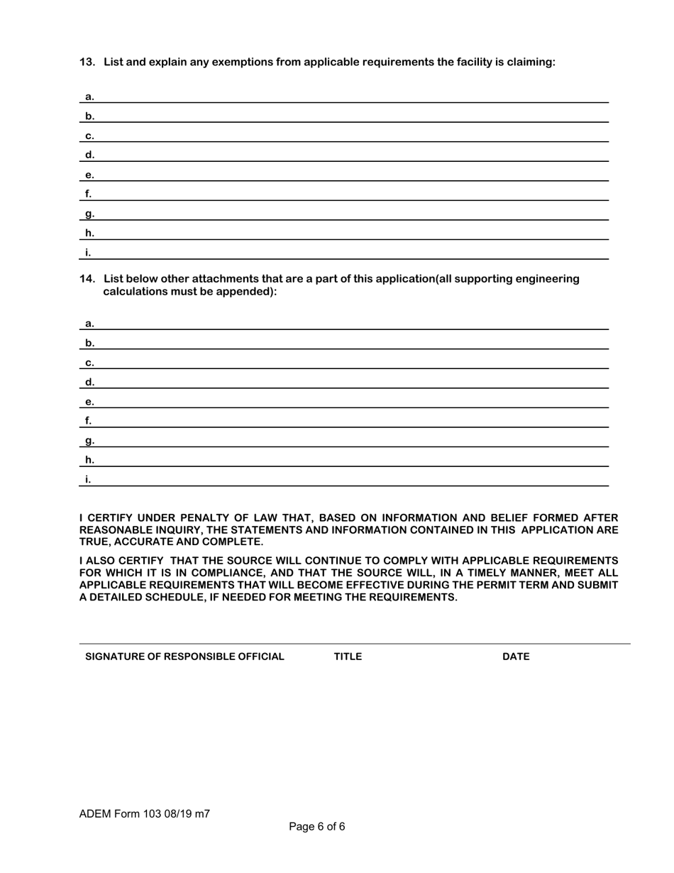 ADEM Form 103 Construction / Operating Permit Application Facility Identification Form - Alabama, Page 7
