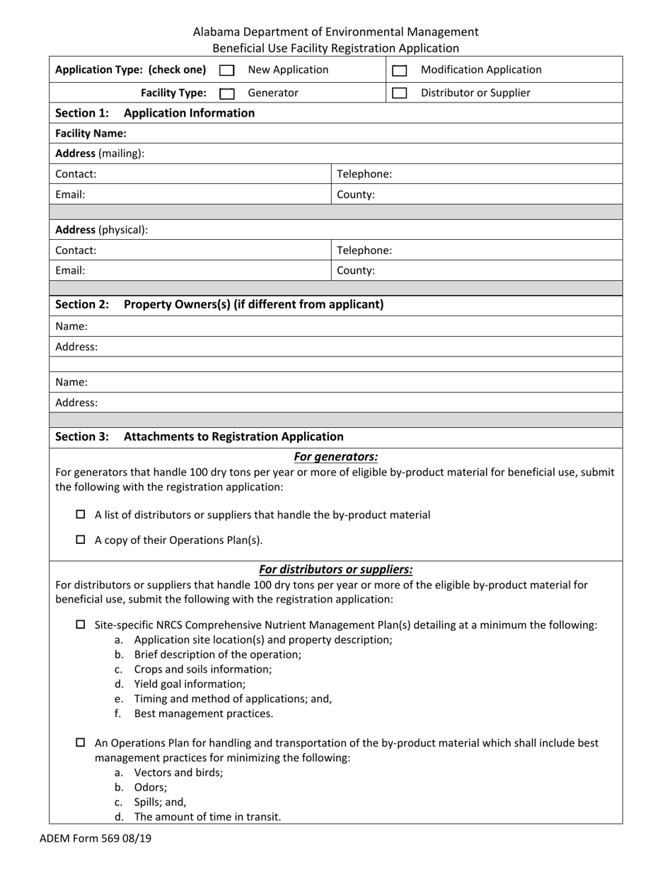 ADEM Form 569 Beneficial Use Facility Registration Application - Alabama, Page 1