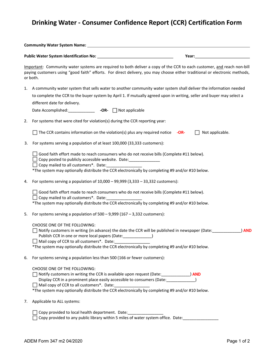 ADEM Form 347 Drinking Water - Consumer Confidence Report (Ccr) Certification Form - Alabama, Page 1