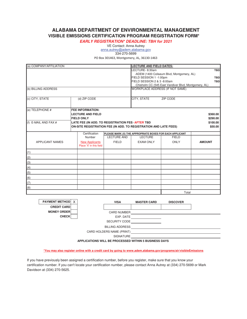 Visible Emissions Certification Program Registration Form - Alabama, Page 1
