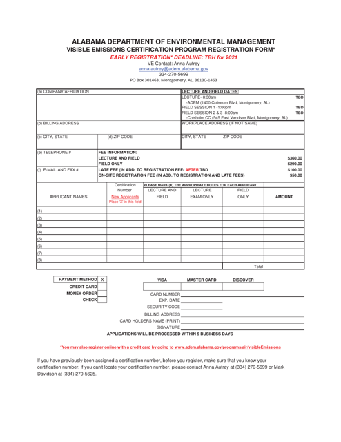 Visible Emissions Certification Program Registration Form - Alabama Download Pdf