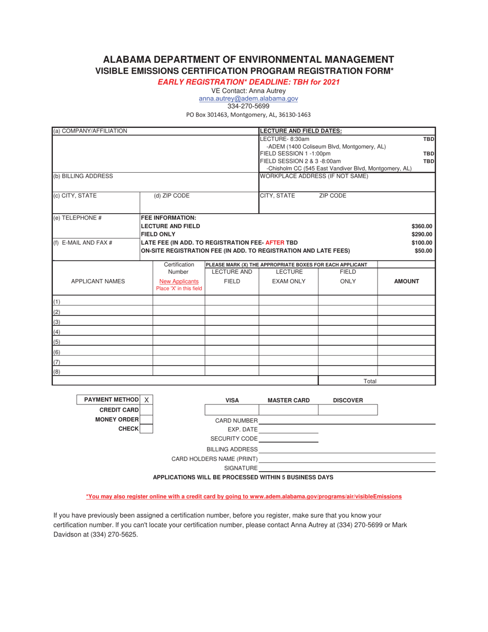 2021 Alabama Visible Emissions Certification Program Registration Form