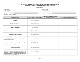 Document preview: Ahwmma Post-closure Permit Application Checklist - Alabama