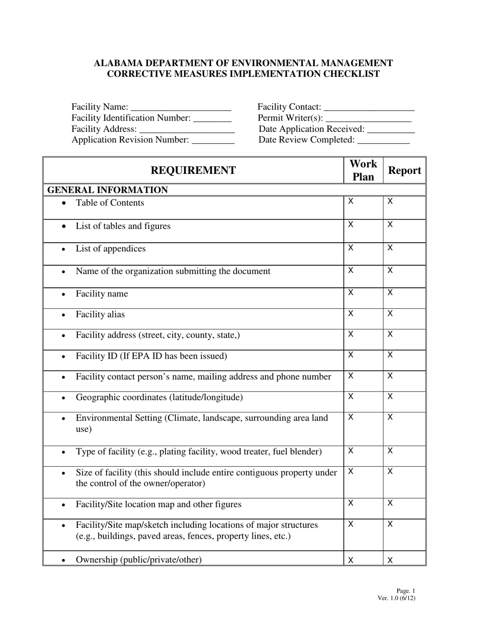 Corrective Measures Implementation Checklist - Alabama, Page 1