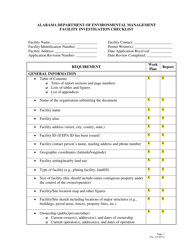 Document preview: Facility Investigation Checklist - Alabama