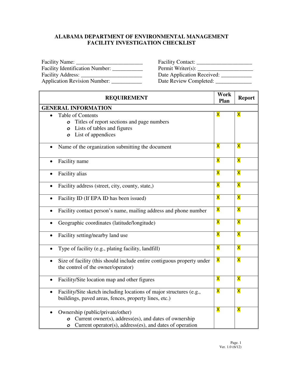 Facility Investigation Checklist - Alabama, Page 1