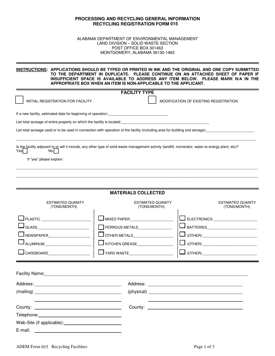 ADEM Form 015 Processing and Recycling General Information - Alabama, Page 1