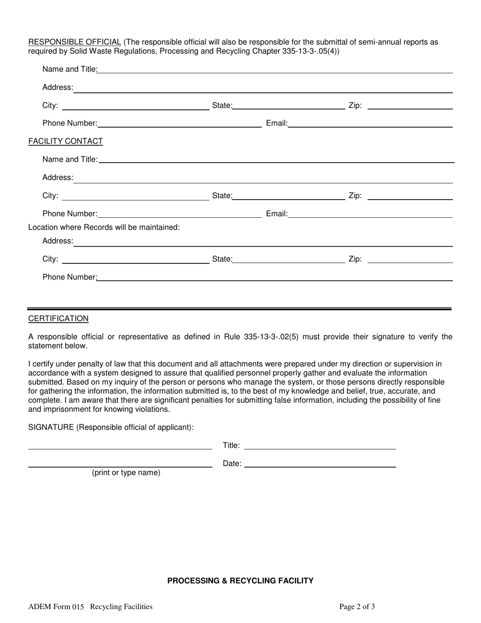 ADEM Form 015 Processing and Recycling General Information - Alabama, Page 2