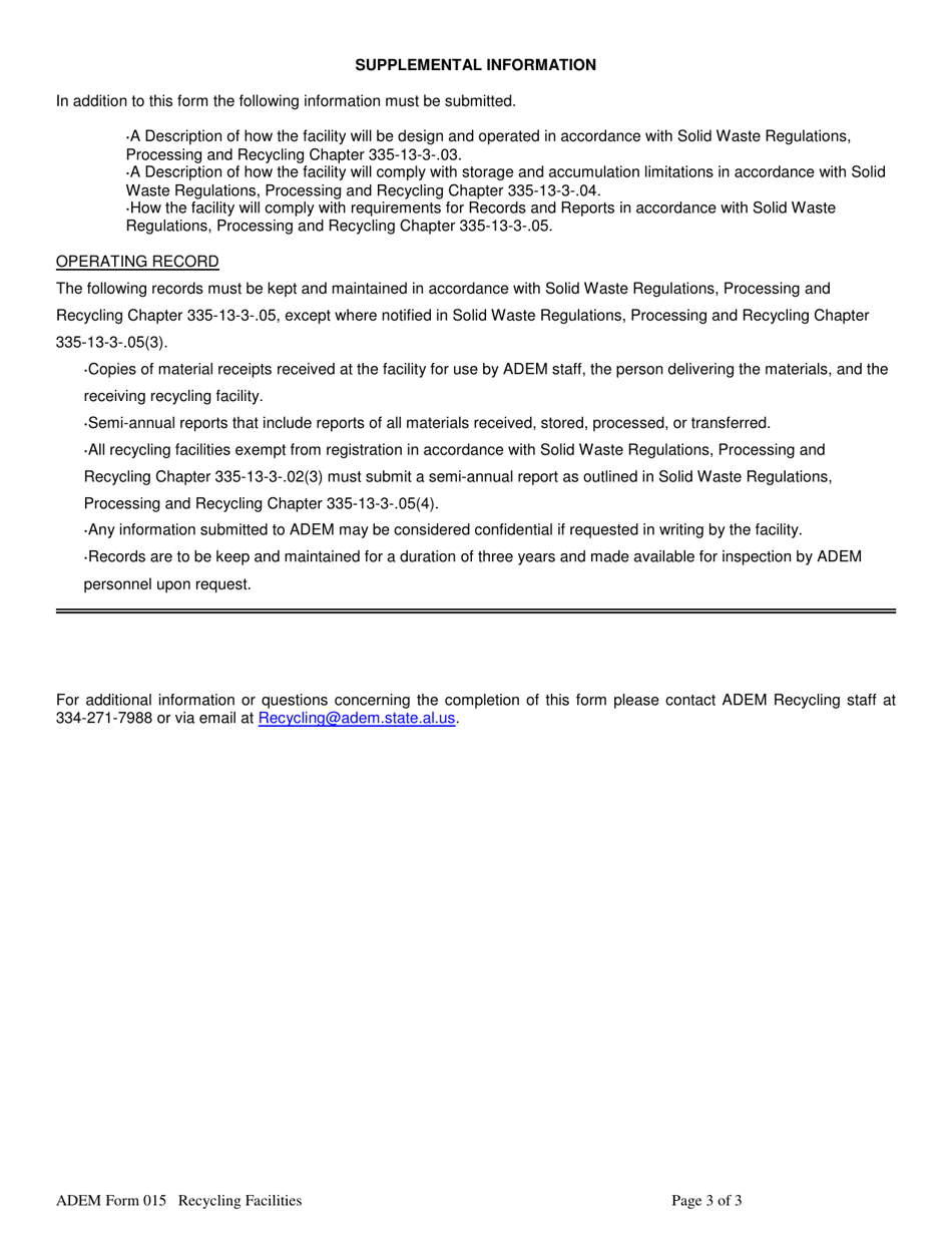 ADEM Form 015 Processing and Recycling General Information - Alabama, Page 3