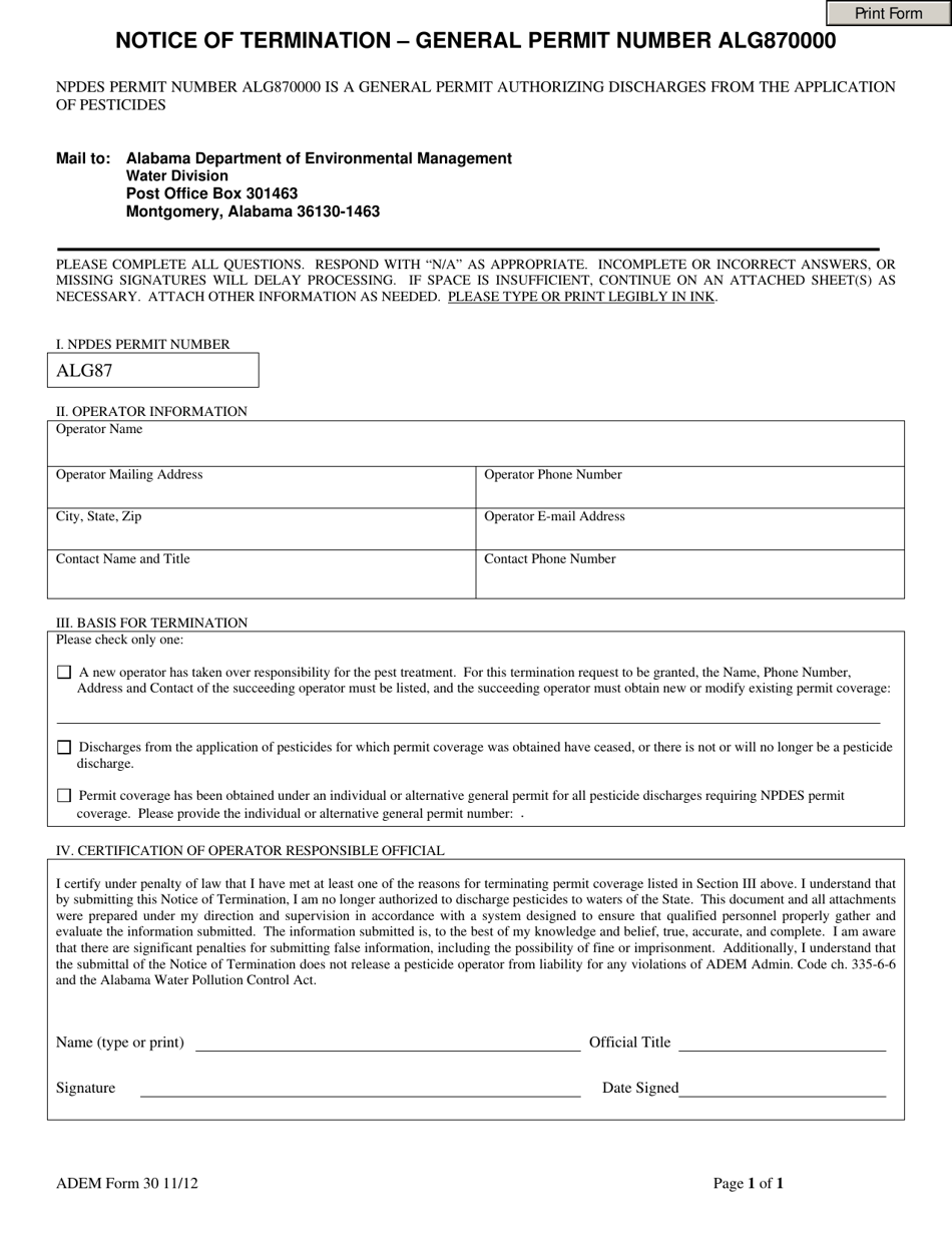 ADEM Form 30 Notice of Termination - General Permit Number Alg870000 - Alabama, Page 1